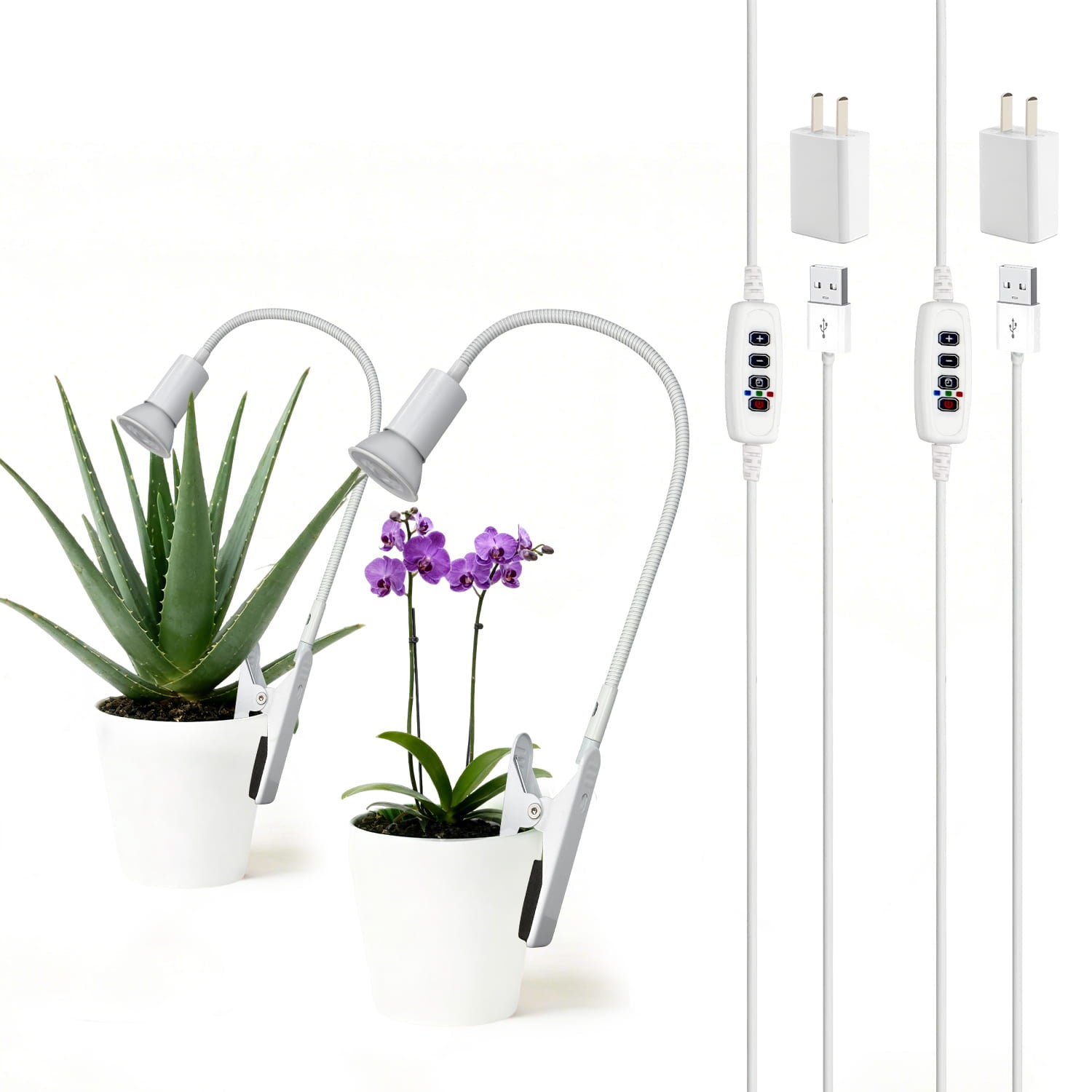 Clip-on grow light aimed at small indoor plants with timer controls and USB power cables