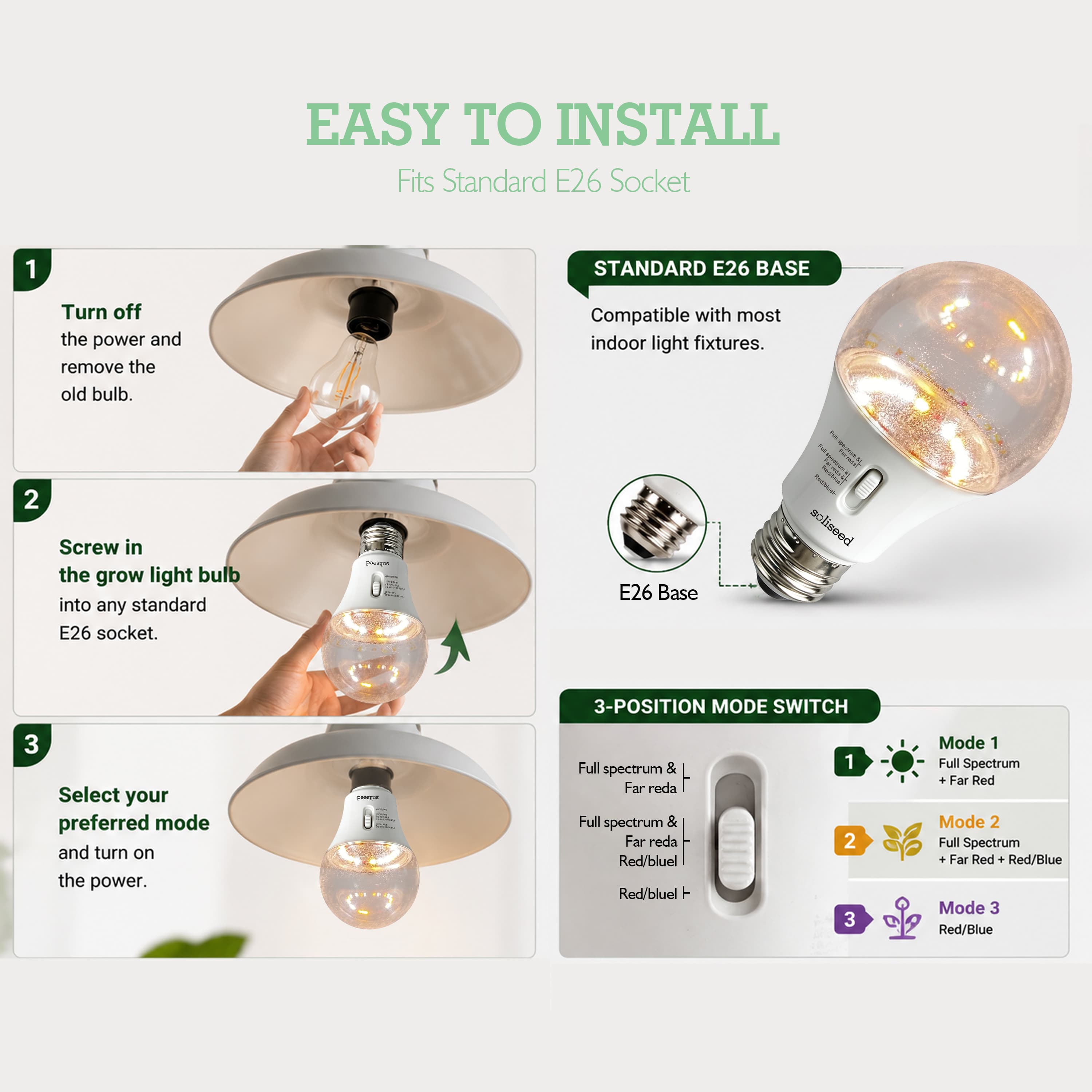 Soliseed 3-Mode Switchable-Spectrum E26 Grow Light Bulb - 3 Pack - product detail 5