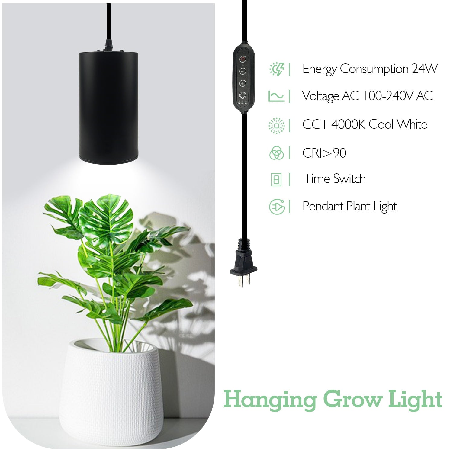 Soliseed 24W Hanging Grow Light for Indoor Plants – Full Spectrum 4000K Plug in Pendant Light with Timer, Adjustable Cord & High CRI for Stylish Indoor Gardening
