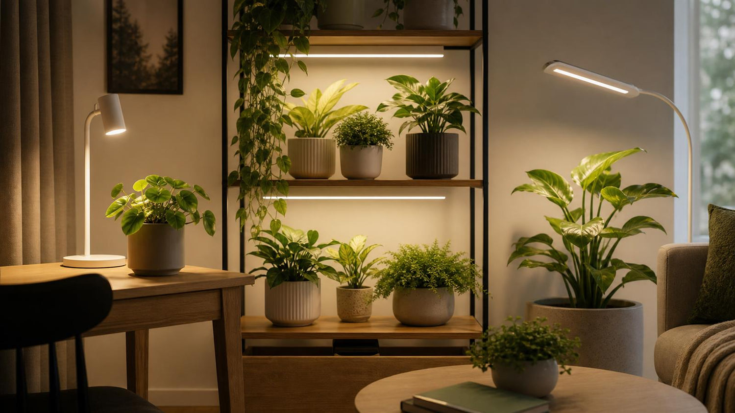 Indoor plant grow light setups for a desk plant, plant shelf, and cozy corner