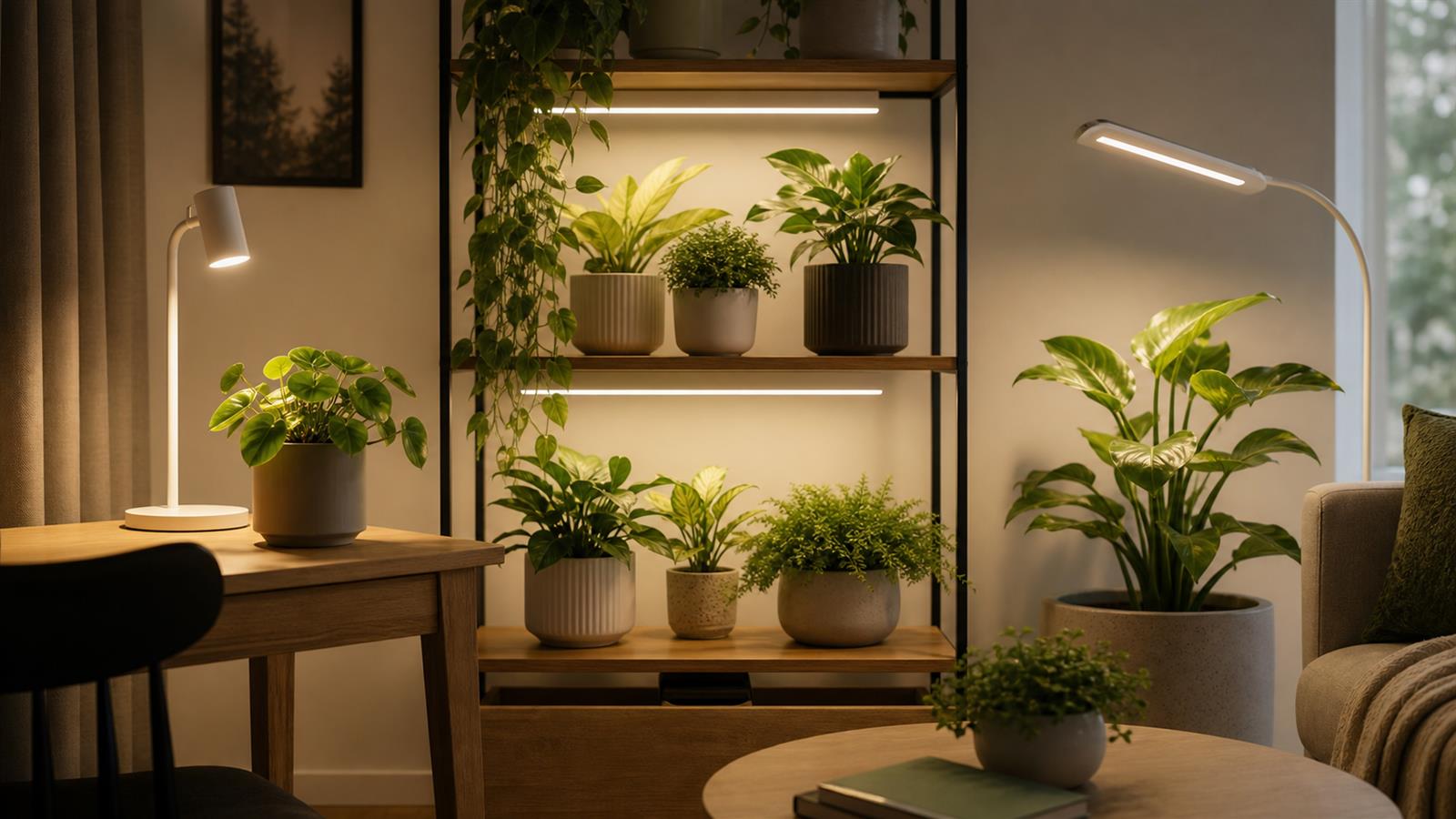 Indoor plant grow light setups for a desk plant, plant shelf, and cozy corner