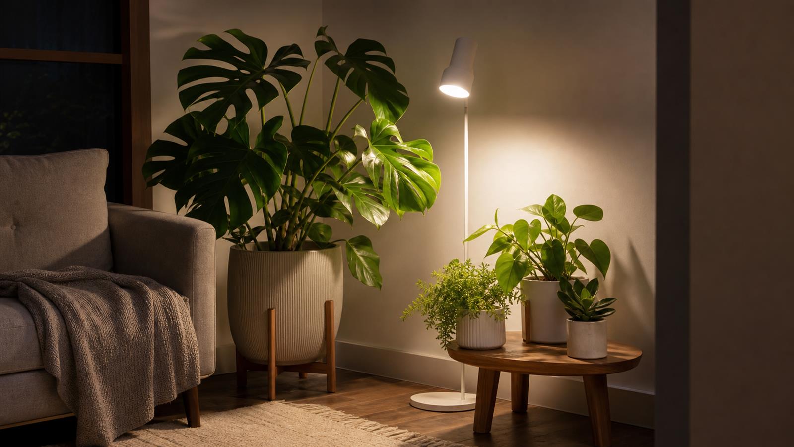 Cozy indoor corner with leafy houseplants and a focused white grow light