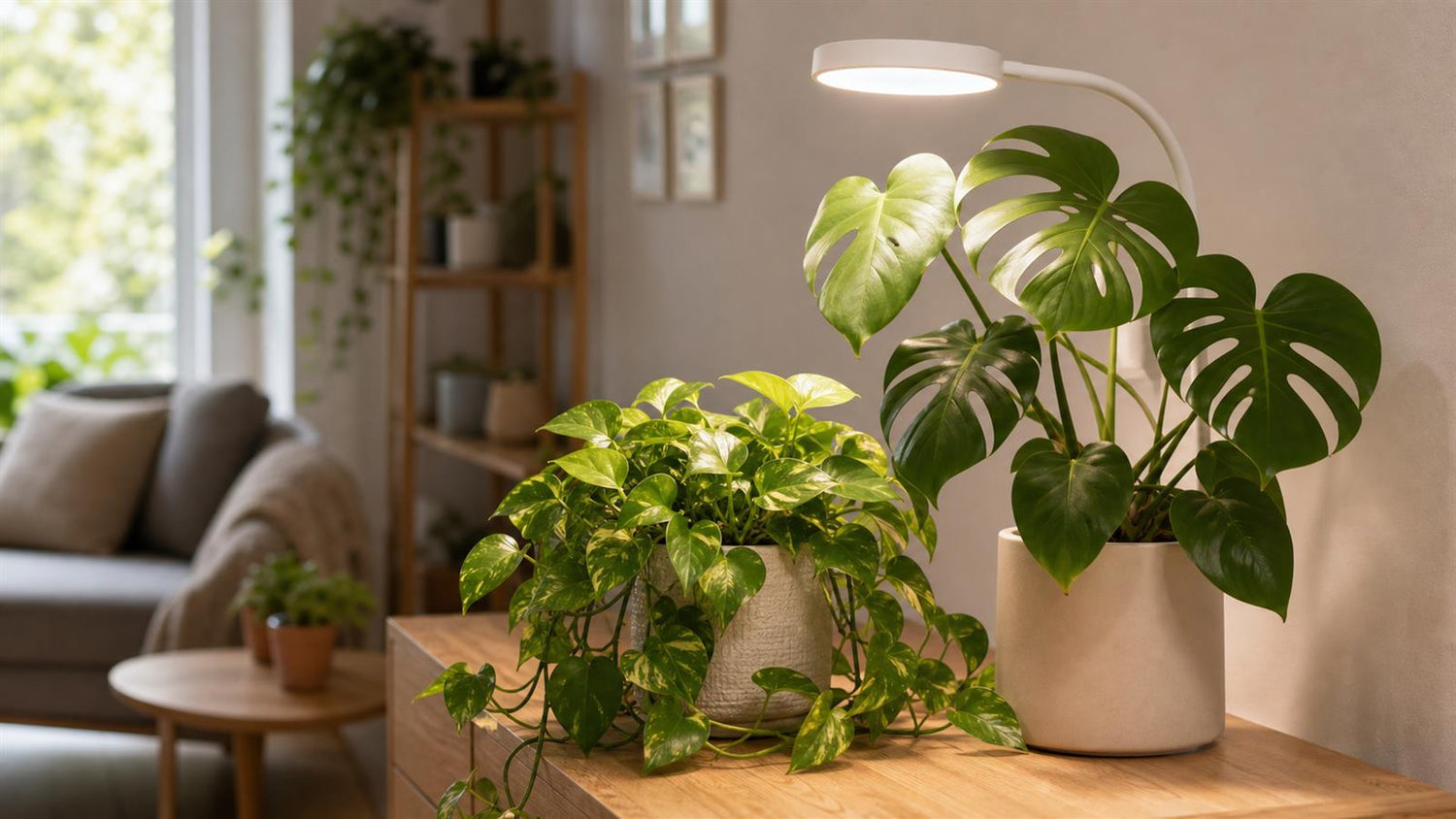 Monstera and pothos plants indoors with gentle white supplemental grow light