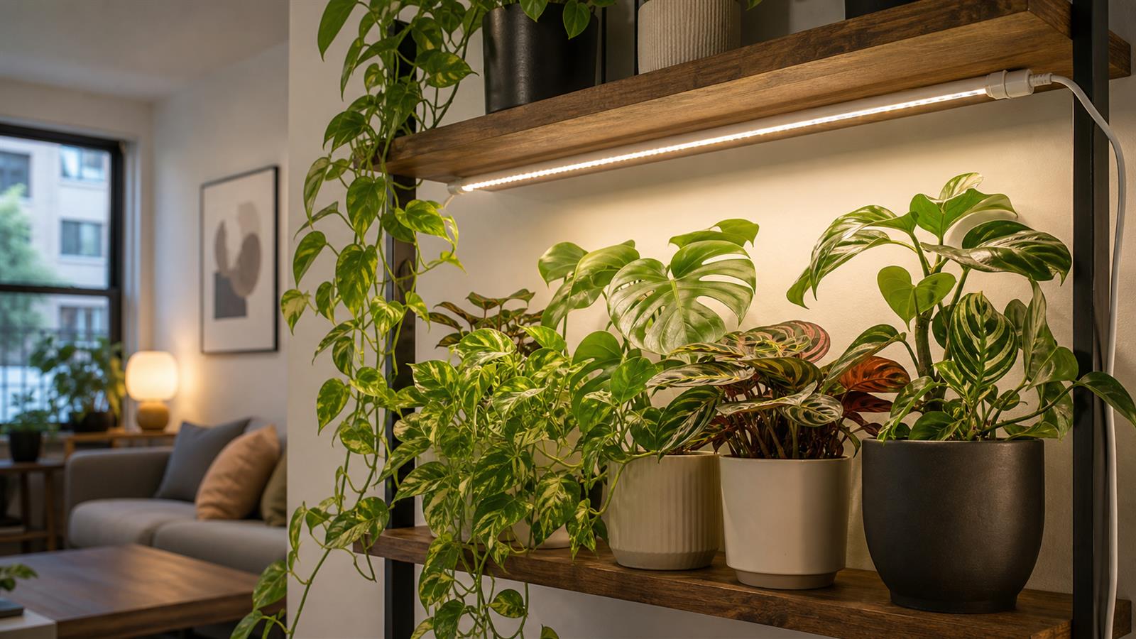 Plant shelf with multiple houseplants under a soft white full spectrum grow light