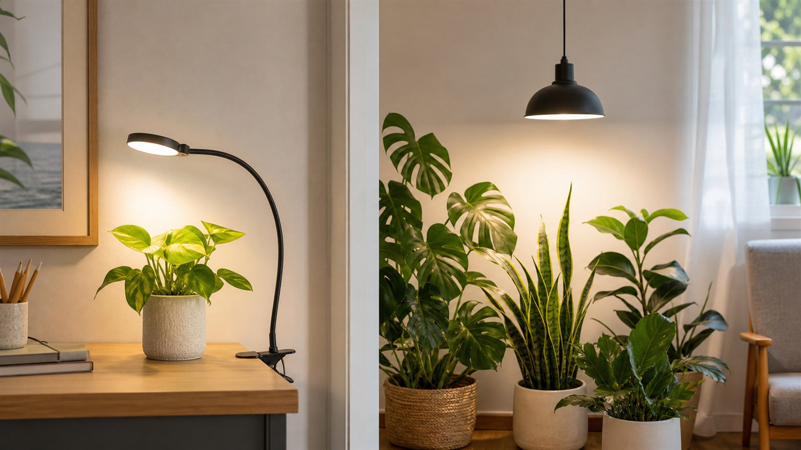 Desk plant with a clip-on grow light beside a living room plant corner with a pendant grow light