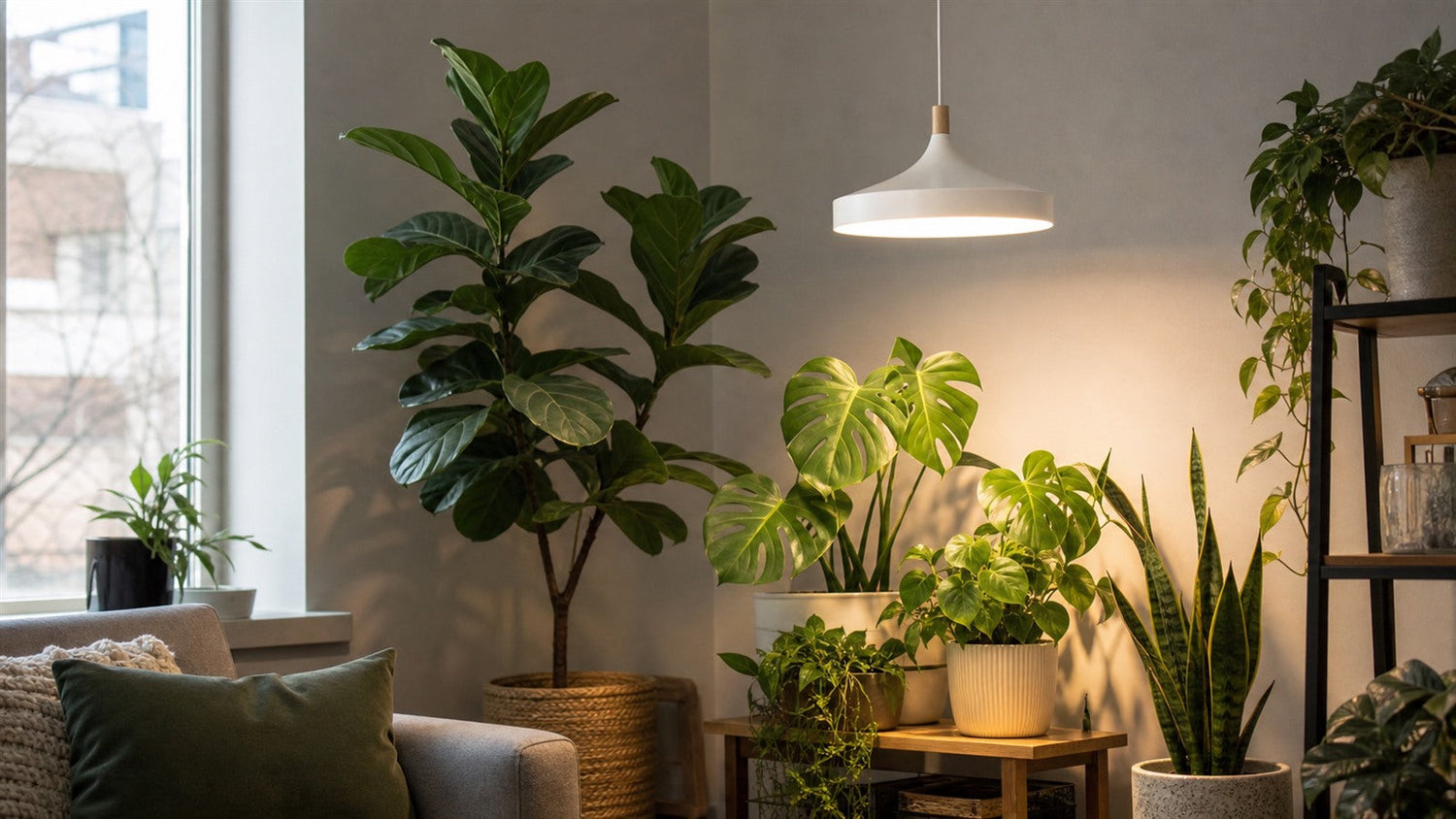 Low-light indoor plant corner with a soft white grow light supporting houseplants