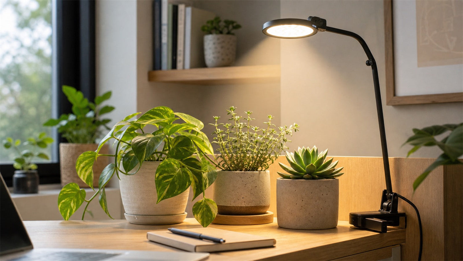 Small indoor plants under a warm white grow light with visible distance between the lamp and leaves
