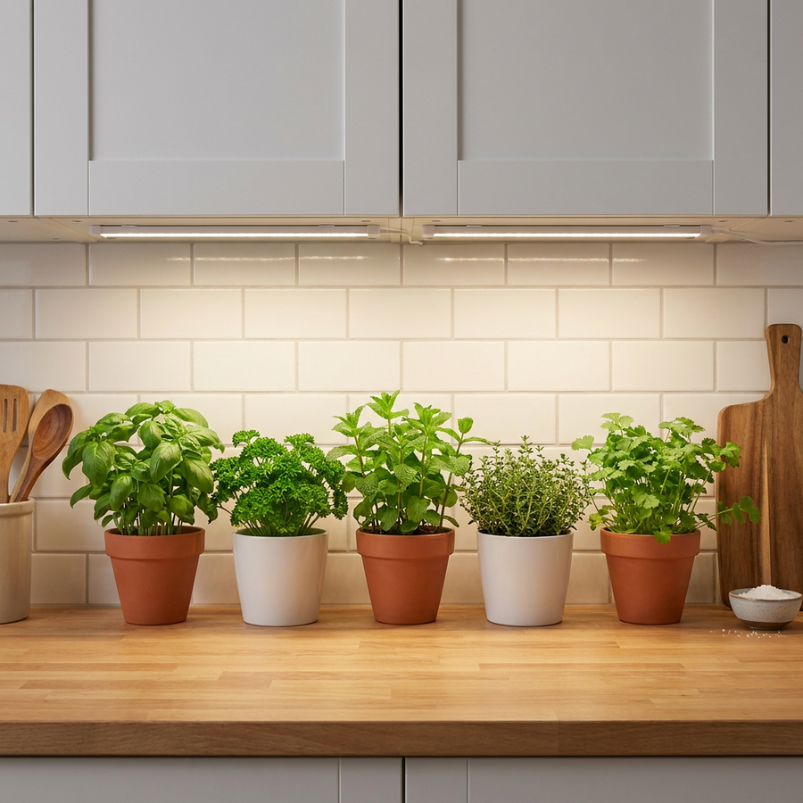 Soliseed grow light setup for kitchen herbs
